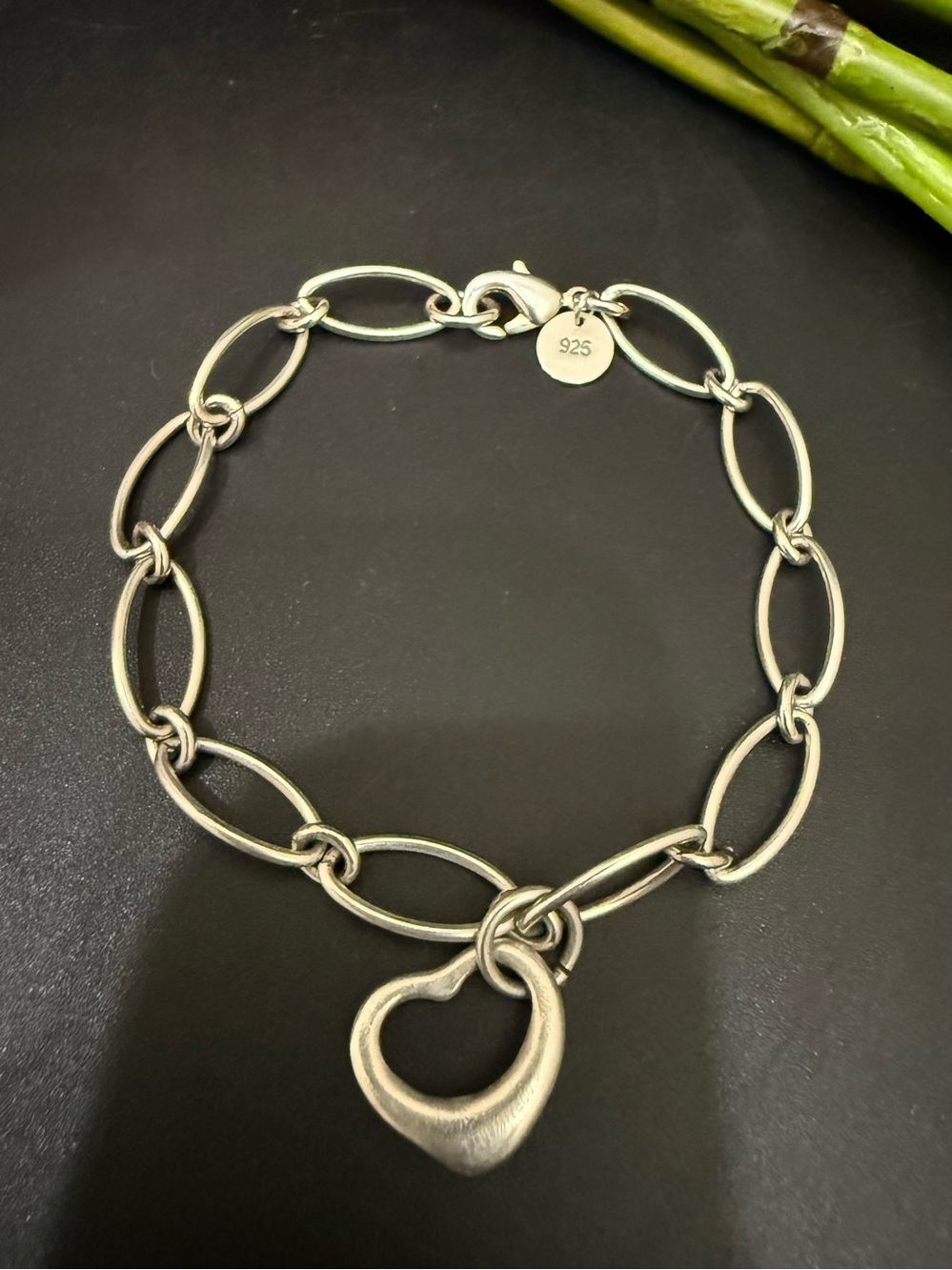 925 Sterling Silver Open Heart Charm Oval Links Paperclip Chain Bracelet